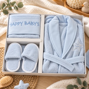 Set baie bebe 5 piese din bumbac, halat, prosop, turban si papuci, bleu - Img 2