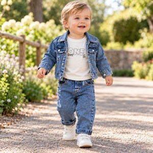 Set baieti 3 piese cu geaca denim, pantaloni jeans si bluza cu maneca lunga