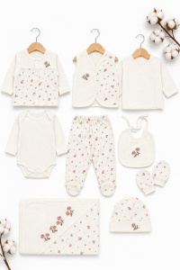 Set bebe 10 piese din bumbac cu imprimeu floral delicat nou nascut