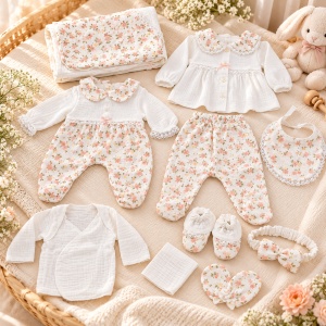 Set bebe 10 piese din muselina, imprimeu floral, alb cu roz, bluzita, salopeta, pantaloni, accesorii