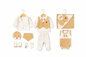 Set bebe 10 piese elegant bej alb body pantaloni paturica caciulita premium - Img 3