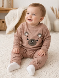 Set bebe 2 piese bumbac ribat maro cu ursulet, bluza pantaloni nou nascut
