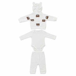 Set bebe 3 piese din bumbac alb cu ursuleti, hanorac cu gluga, body si pantaloni - Img 5