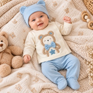 Set bebe 3 piese din bumbac cu bluza, pantaloni cu botosei si caciulita, bleu prafuit