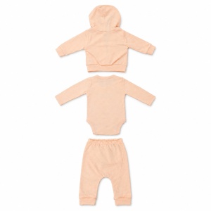 Set bebe 3 piese din bumbac piersica cu hanorac cu gluga, body si pantaloni - Img 5