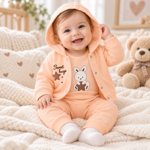 Set bebe 3 piese din bumbac piersica cu hanorac cu gluga, body si pantaloni