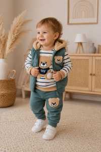 Set bebe 3 piese verde din bumbac cu bluza, vesta cu gluga si pantaloni pentru bebelusi