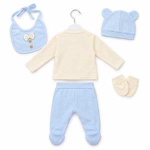 Set bebe 5 piese bumbac bleu si crem, ursulet COOL, pantaloni cu botosei integrati - Img 4