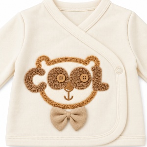 Set bebe 5 piese bumbac crem si bej, ursulet COOL, pantaloni cu botosei integrati - Img 4