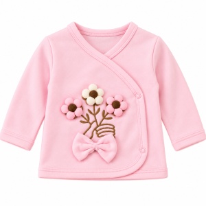Set bebe 5 piese bumbac roz, floricele 3D si fundita, pantaloni cu botosei - Img 4