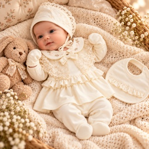 Set bebe 5 piese din bumbac, bluza cu dantela, pantaloni cu botosei, boneta, baveta si manusi, crem