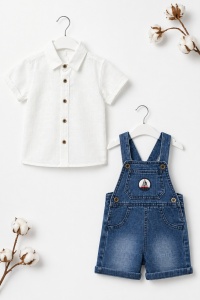 Set bebe baiat 2 piese camasa alba si salopeta denim cu bretele pantaloni scurti - Img 2