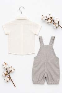 Set bebe baiat 2 piese camasa si salopeta cu bretele stil in culoare bej - Img 4