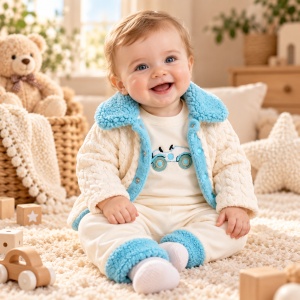 Set bebe baiat 3 piese bumbac, bluza cu motocicleta, pantaloni si jacheta crem bleu