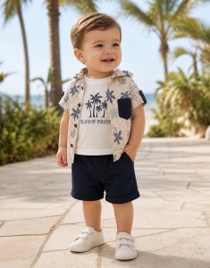 Set bebe baiat 3 piese camasa cu gluga palmieri tricou si pantaloni scurti vara