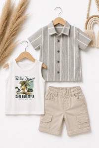Set bebe baiat 3 piese camasa dungi tricou si pantaloni scurti casual vara - Img 3