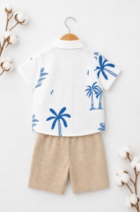 Set bebe baiat 3 piese camasa imprimeu albastru tricou si pantaloni vara - Img 4