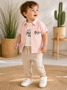 Set bebe baiat 3 piese camasa muselina tricou bumbac si pantaloni in casual vara