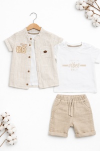 Set bebe baiat 3 piese din bumbac camasa tricou si pantaloni scurti elegant casual - Img 2