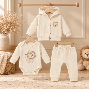 Set bebe baiat 3 piese din bumbac crem cu hanorac body si pantaloni model leu - Img 2