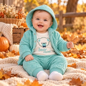 Set bebe baiat 3 piese din bumbac cu hanorac cu ursuleti, bluza si pantaloni turcoaz