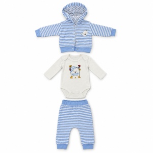 Set bebe baiat 3 piese din bumbac, hanorac cu gluga, body si pantaloni, bleu cu ursulet - Img 3