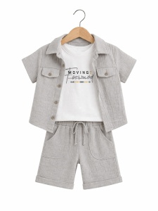 Set bebe baiat 3 piese din muselina camasa tricou si pantaloni scurti casual vara - Img 3