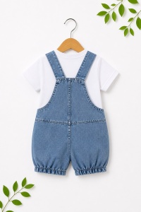 Set bebe baiat salopeta denim 2 piese – salopeta cu catel aplicat si tricou alb - Img 4