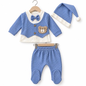 Set bebe baietel din bumbac 10 piese, alb si albastru, model cu ursulet - Img 3