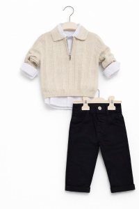 Set bebe baieti elegant camasa cardigan crem si pantaloni - Img 3