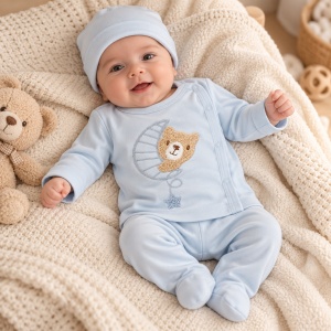 Set bebe bleu din bumbac 3 piese cu ursulet pe semiluna si botosei integrati