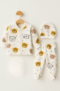 Set bebe bumbac 3 piese crem cu ursuleti bluza pantaloni si caciulita nou nascut - Img 3
