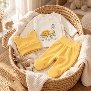 Set bebe din bumbac 3 piese cu broscuta testoasa, pantaloni cu botosei si caciulita galbena - Img 4