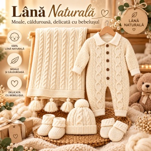 Set bebe din lana naturala, imblanit, salopeta, paturica, caciula, botosei si manusi, crem - Img 5