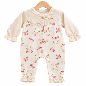 Set bebe din muselina 10 piese, crem cu imprimeu floral roz - Img 4