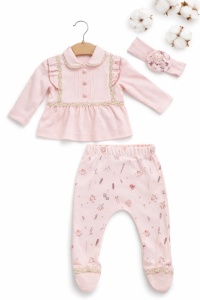 Set bebe fete 3 piese roz elegant bluza dantela pantaloni imprimati bentita - Img 2