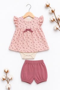 Set bebe fete 3 piese vara – body, bluza cu imprimeu si pantaloni scurti roz - Img 3