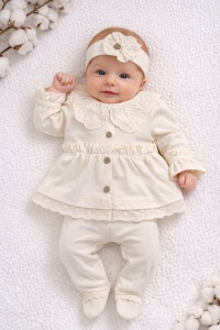 Set bebe fete crem 3 piese elegant bluza volane dantela pantaloni bentita