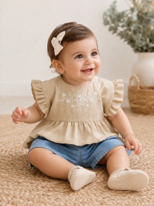 Set bebe fetita 2 piese bej cu broderie si pantaloni scurti denim vara