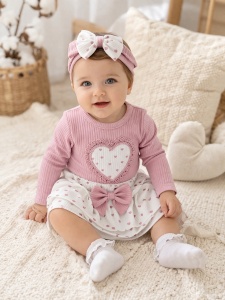 Set bebe fetita 3 piese body fustita si bentita cu inimioare, bumbac nou nascut
