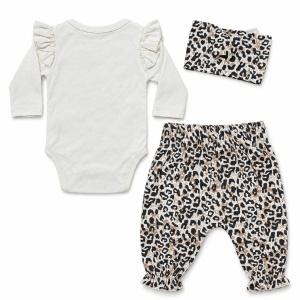 Set bebe fetita 3 piese din bumbac, body crem, pantaloni animal print si bentita - Img 4