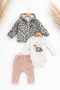 Set bebe fetita 3 piese din bumbac body pantaloni si hanorac cu gluga animal print - Img 2