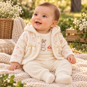 Set bebe fetita 3 piese din bumbac catifelat cu jacheta cu gluga, body si pantaloni