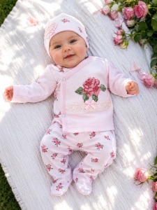 Set bebe fetita 3 piese roz cu imprimeu floral si broderie trandafir din bumbac