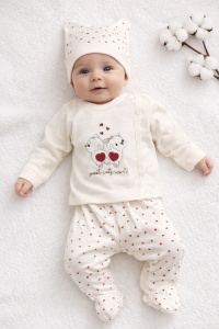 Set bebe fetita 3 piese Sweet Cats bluza pantaloni si caciulita crem