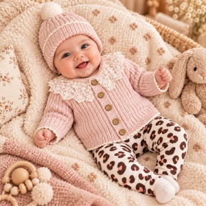 Set bebe fetita 4 piese cu body, cardigan tricotat din lana, pantaloni animal print si caciulita, roz
