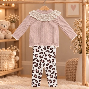 Set bebe fetita 4 piese, pulover si caciulita din lana naturala, body, pantaloni animal print, roz - Img 4