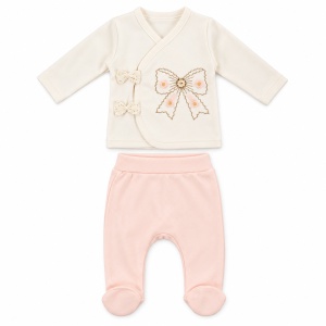 Set bebe fetita 5 piese bumbac crem si roz, fundita brodata, pantaloni cu botosei integrati - Img 4