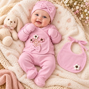 Set bebe fetita 5 piese bumbac, roz, floricele si fundita, pantaloni cu botosei