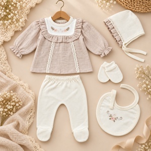 Set bebe fetita 5 piese din bumbac 100% cu bluza cu volane si broderie florala
